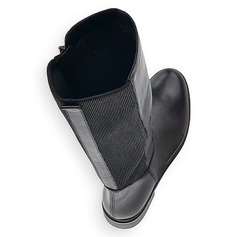 Schwarze Stiefel aus Glattleder mit Reißverschluss und Wechselfußbett. Schuhe Innenseite.