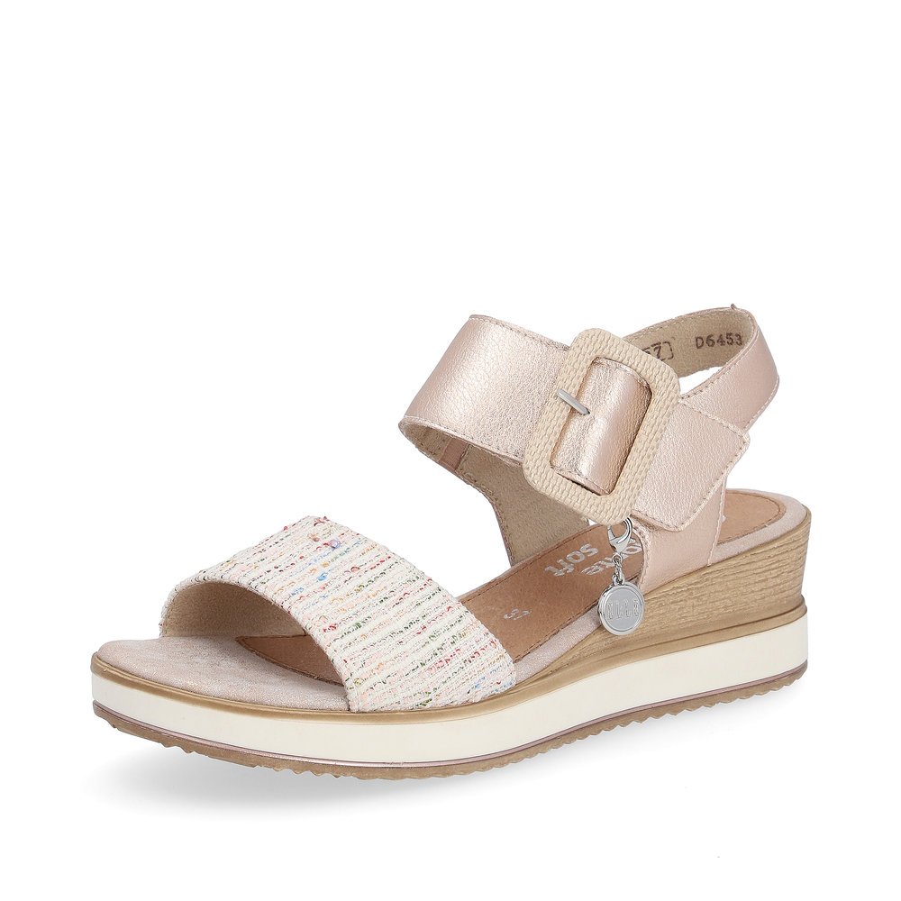 Metallic pink remonte women´s wedge sandals D6453-31 with a hook and loop fastener. Shoe laterally.