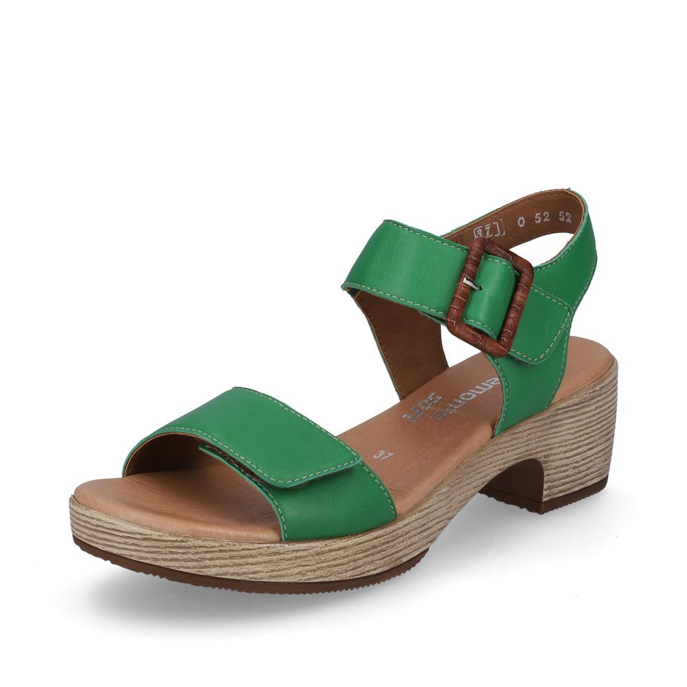 Emerald green remonte women´s strap sandals D0N52-52 with a hook and loop fastener. Shoe laterally.