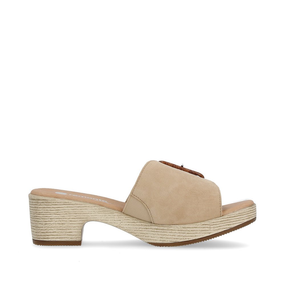 Clay beige remonte women´s mules D0N56-60 with a hook and loop fastener. Shoe inside.