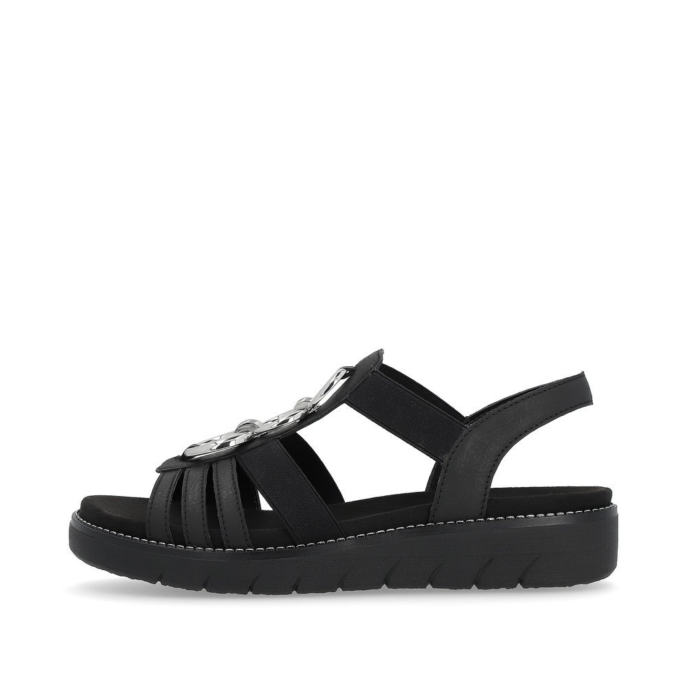 Night black vegan remonte women´s strap sandals D2073-02 with an elastic insert. Outside of the shoe.