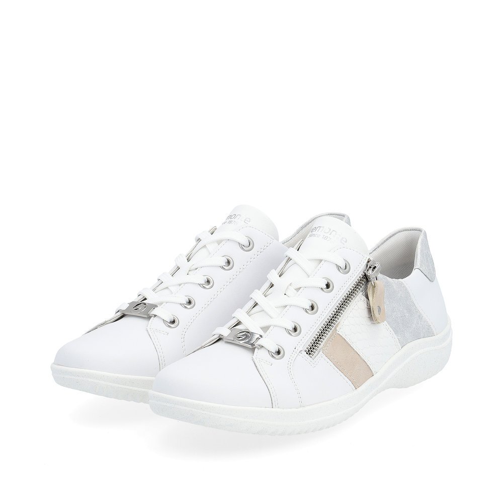 White remonte women´s lace-up shoes D1E00-81 with a zipper and comfort width G. Shoes laterally.