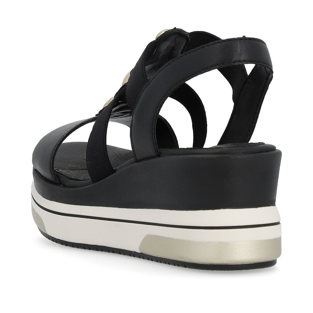 remonte sandales compensées noires femmes D1P52-02 avec insert élastique. Chaussure vue de l'arrière.