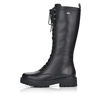 Schwarze Stiefel warm gefüttert aus Glattleder mit Reißverschluss und Schnürung, wasserabweisendem Remonte TEX und Wechselfußbett. Schuh Außenseite.