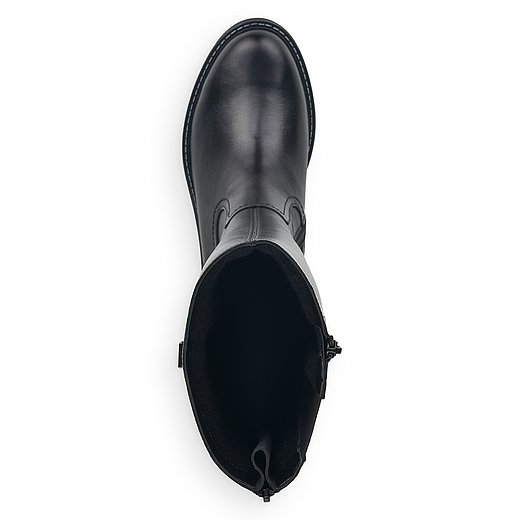 Schwarze Stiefel warm gefüttert aus Glattleder mit Reißverschluss, wasserabweisendem Remonte TEX und Wechselfußbett. Schuh von oben. 