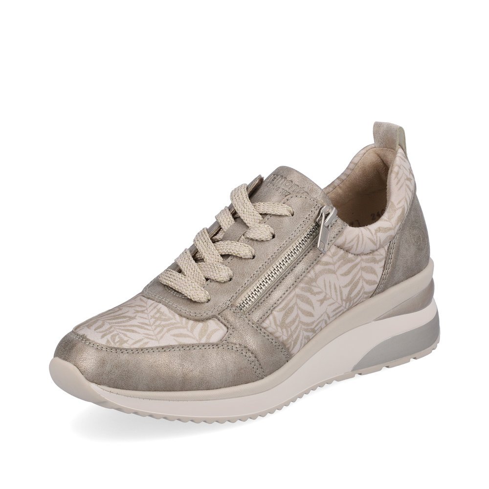 Beige remonte women´s sneakers D2401-60 with zipper and tropical pattern. Shoe laterally.