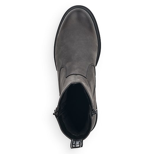 Graue Stiefeletten leicht wärmend aus Veloursleder mit Reißverschluss und Wechselfußbett. Schuh von oben. 