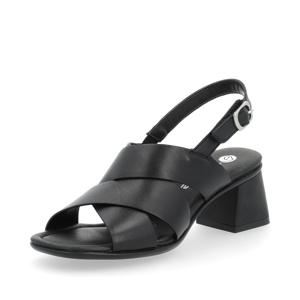 Black remonte women´s strap sandals D1K53-00 with a hook and loop fastener. Shoe laterally.