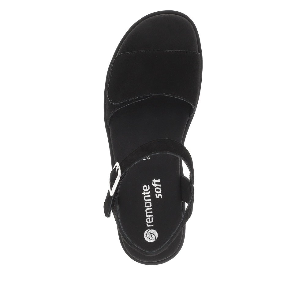 Night black remonte women´s strap sandals D1N50-00 with a hook and loop fastener. Shoe from the top.