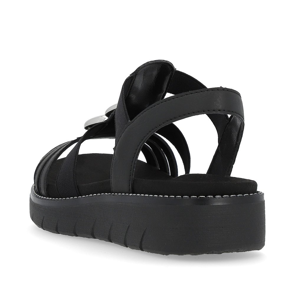 Night black vegan remonte women´s strap sandals D2073-02 with an elastic insert. Shoe from the back.