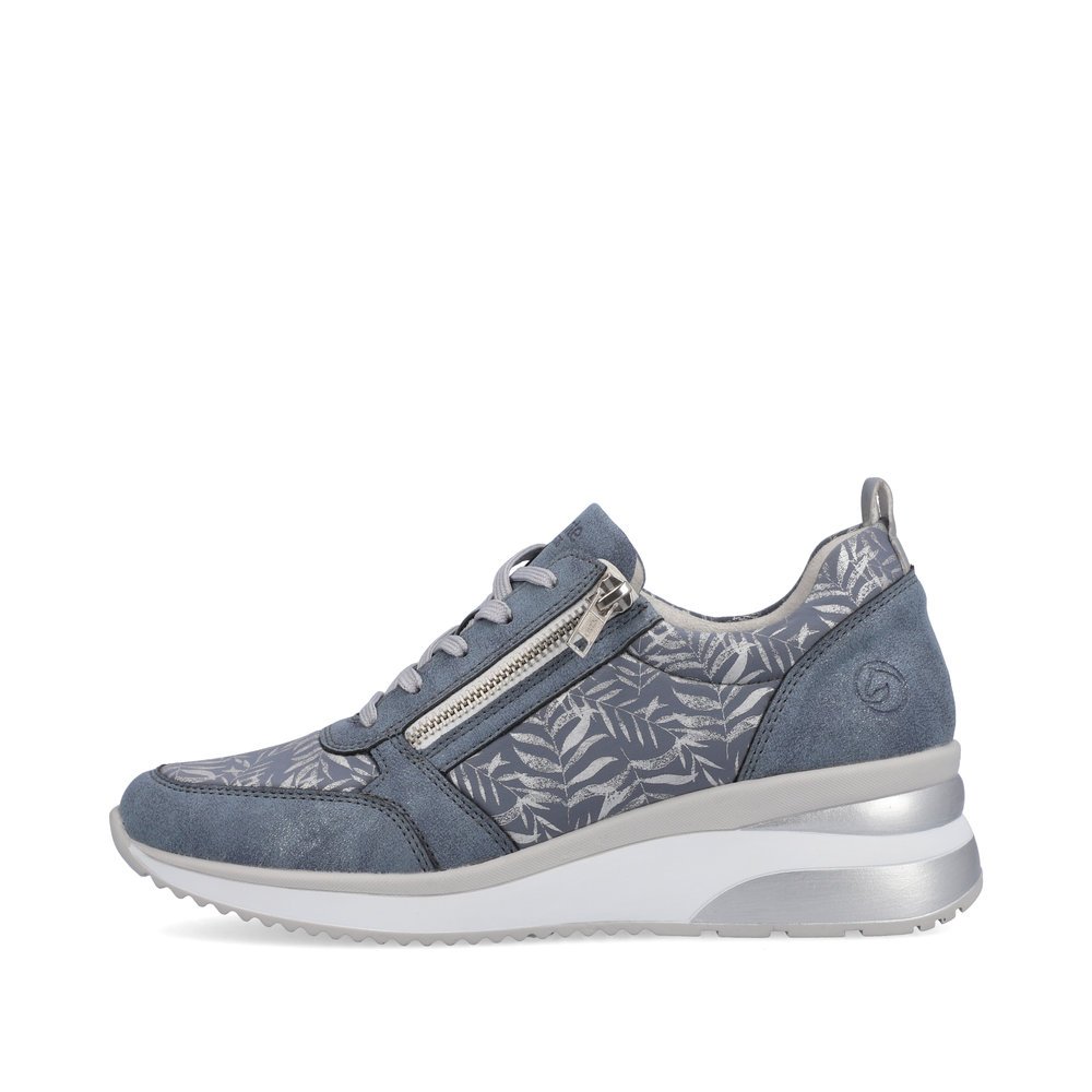 Blue remonte women´s sneakers D2401-10 with a zipper and tropical pattern. Outside of the shoe.