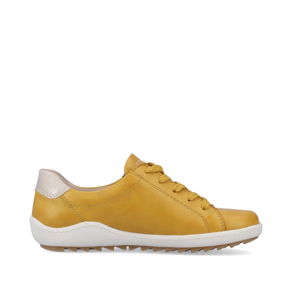 Yellow remonte women´s lace-up shoes R1432-68 with a zipper and holes on the side. Shoe inside.
