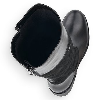 Schwarze Stiefel aus Rauhleder mit Reißverschluss, wasserabweisendem Remonte TEX und Wechselfußbett. Schuhe Innenseite.