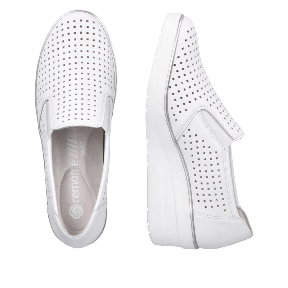 White remonte women´s slippers R7218-80 with an elastic insert and perforated look. Shoe from the top, lying.