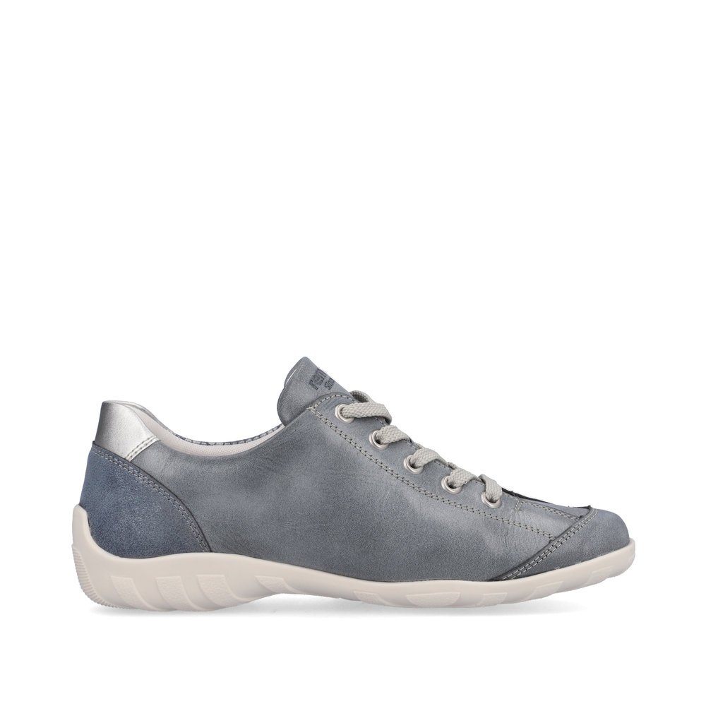 Pacific blue remonte women´s lace-up shoes R3410-14 with zipper and white pattern. Shoe inside.