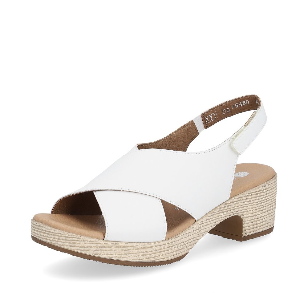 White remonte women´s strap sandals D0N54-80 with a hook and loop fastener. Shoe laterally.