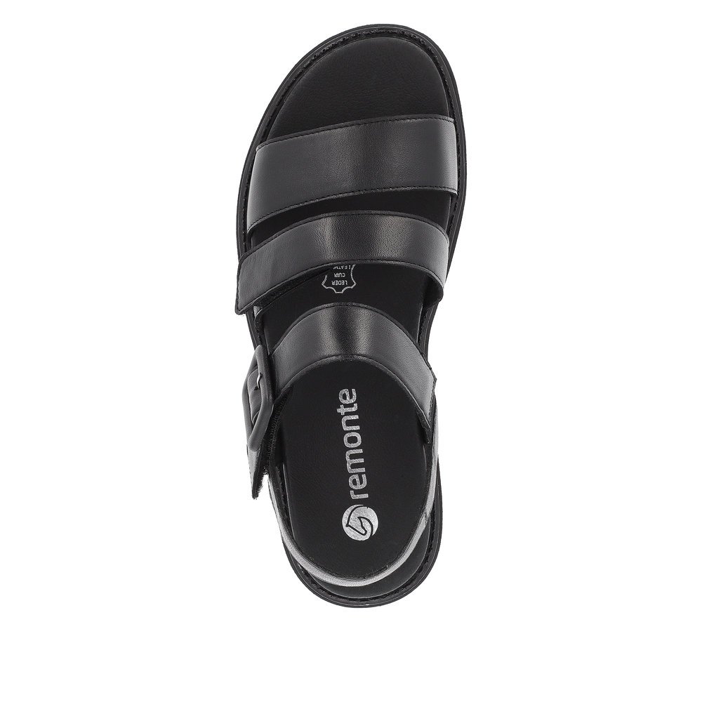 Black remonte women´s strap sandals D7957-00 with hook and loop fastener. Shoe from the top.