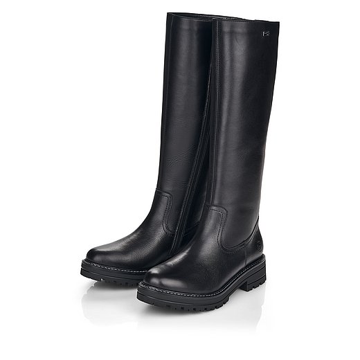 Schwarze Stiefel warm gefüttert aus Glattleder mit Reißverschluss, wasserabweisendem Remonte TEX und Wechselfußbett. Schuhe seitlich schräg. 