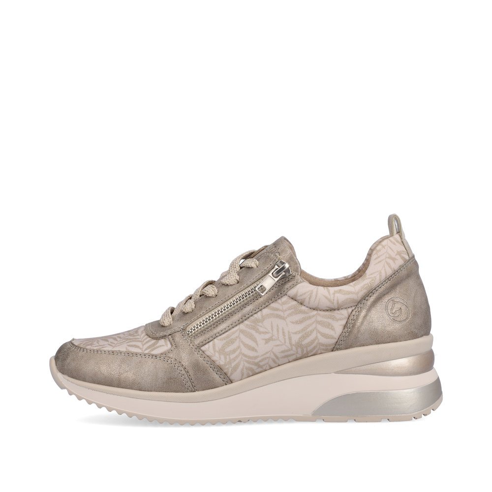 Beige remonte women´s sneakers D2401-60 with zipper and tropical pattern. Outside of the shoe.
