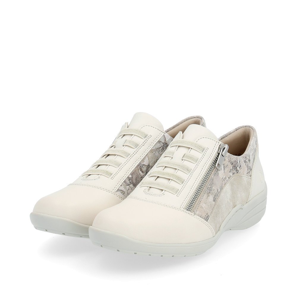 Beige remonte women´s lace-up shoes R7679-60 with a zipper and washed-out pattern. Shoes laterally.