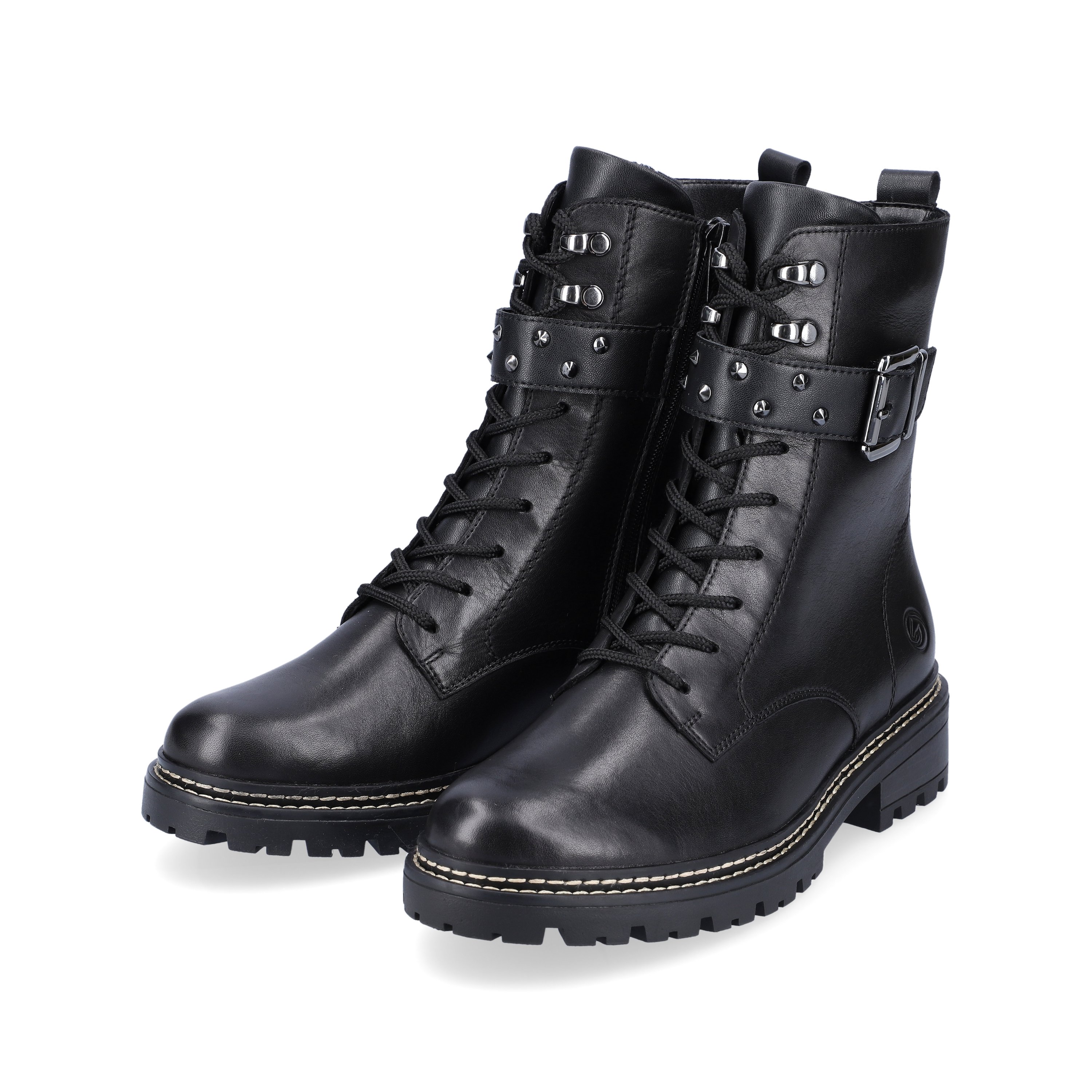 Jet black remonte women´s biker boots D0B73-01 with cushioning profile sole. Shoe laterally