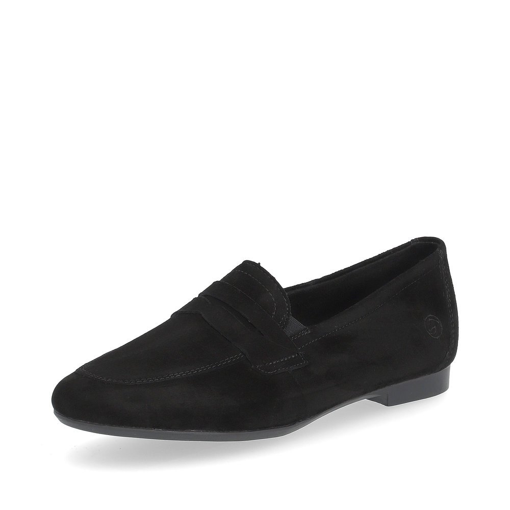 Night black remonte women´s loafers D0K02-00 with an elastic insert. Shoe laterally.