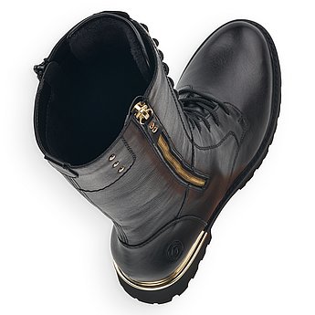 Schwarze Stiefel leicht wärmend aus Glattleder mit Reißverschluss und Schnürung und Wechselfußbett. Schuhe Innenseite.