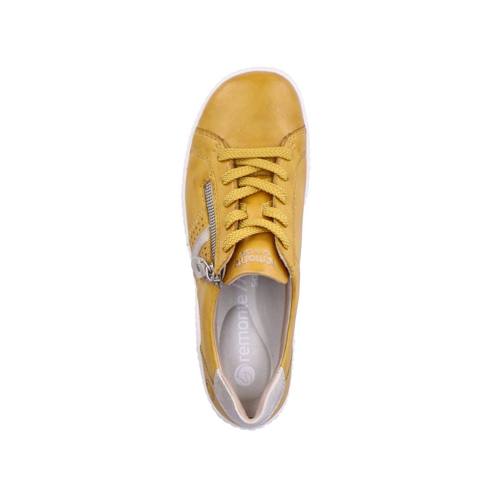 Yellow remonte women´s lace-up shoes R1432-68 with a zipper and holes on the side. Shoe from the top.