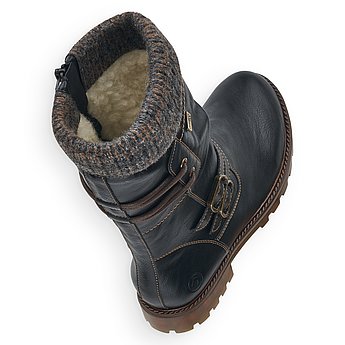 Schwarze Stiefeletten warm gefüttert aus Lederimitat mit Reißverschluss, wasserabweisendem Remonte TEX und Wechselfußbett. Schuhe Innenseite.