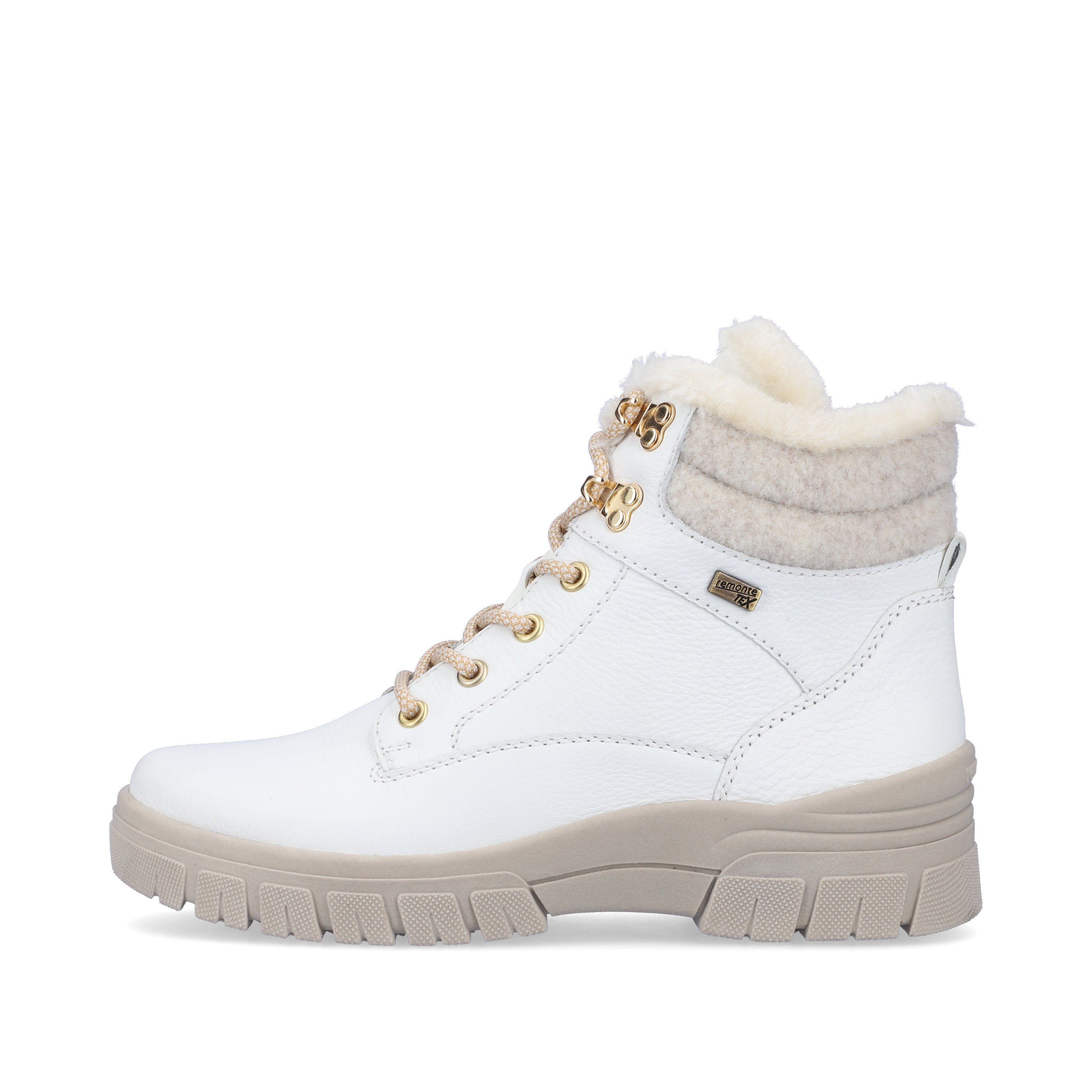 Off-white remonte women´s lace-up boots D0E71-80 with lacing and zipper. The outside of the shoe