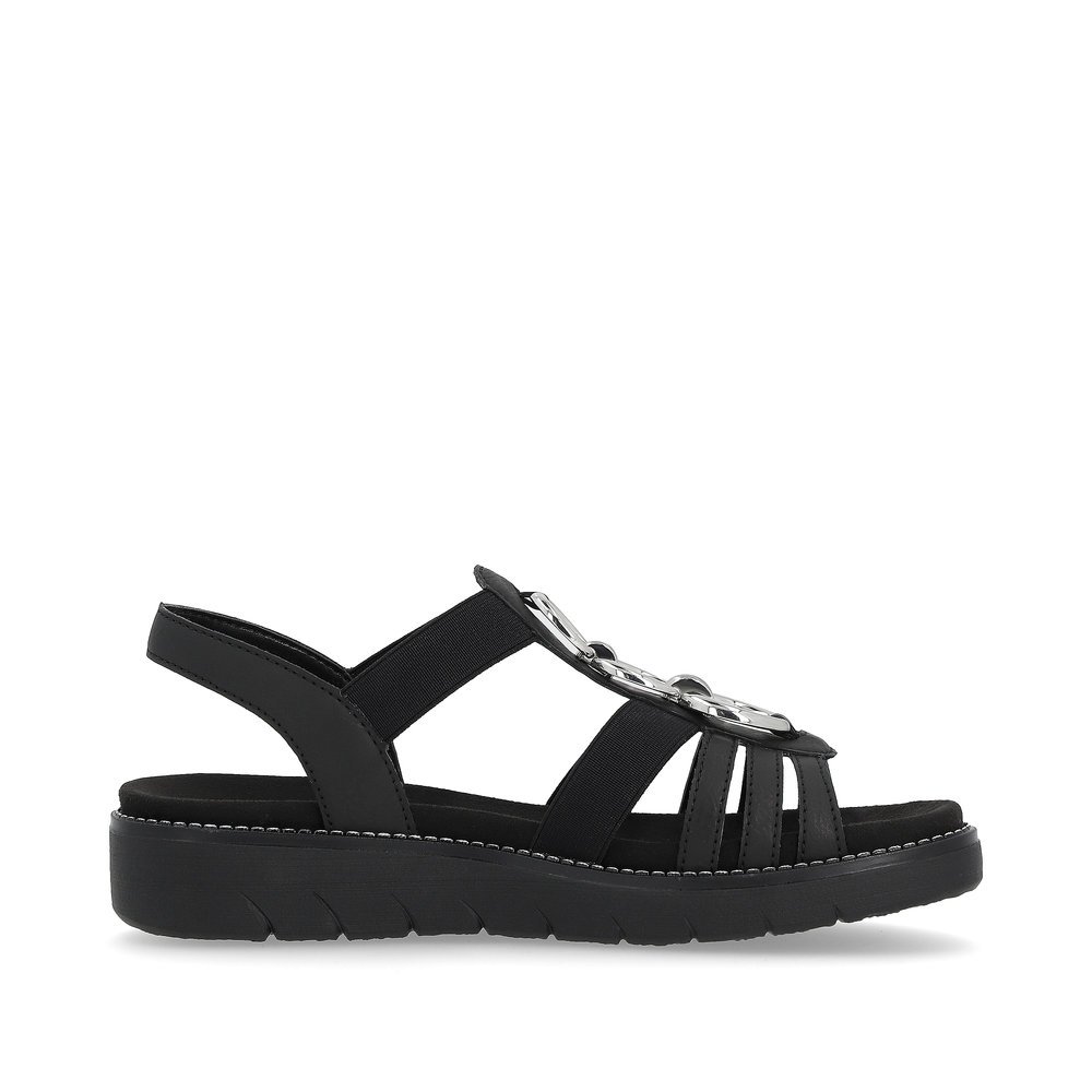 Night black vegan remonte women´s strap sandals D2073-02 with an elastic insert. Shoe inside.