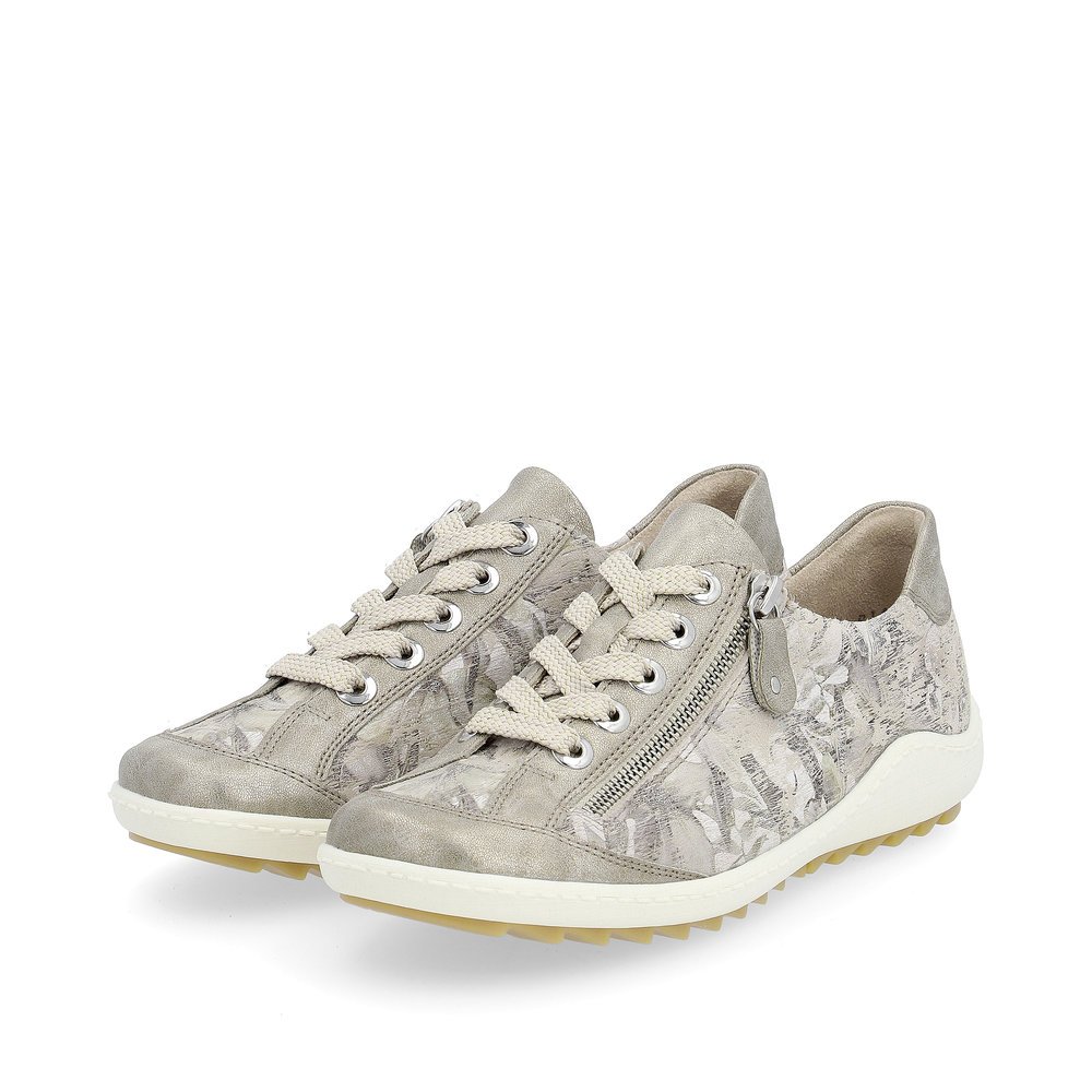 Beige remonte women´s lace-up shoes R1402-62 with a zipper and floral pattern. Shoes laterally.