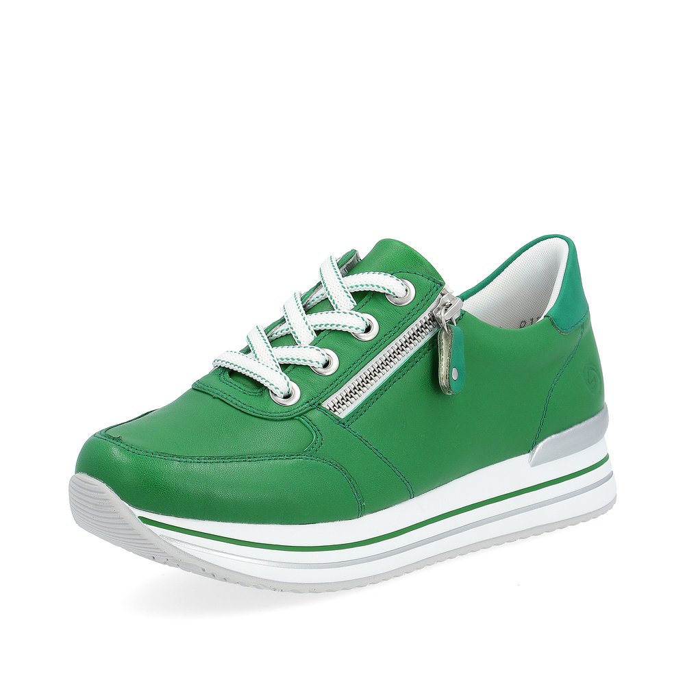 Emerald green remonte women´s sneakers D1302-52 with zipper and comfort width G. Shoe laterally.