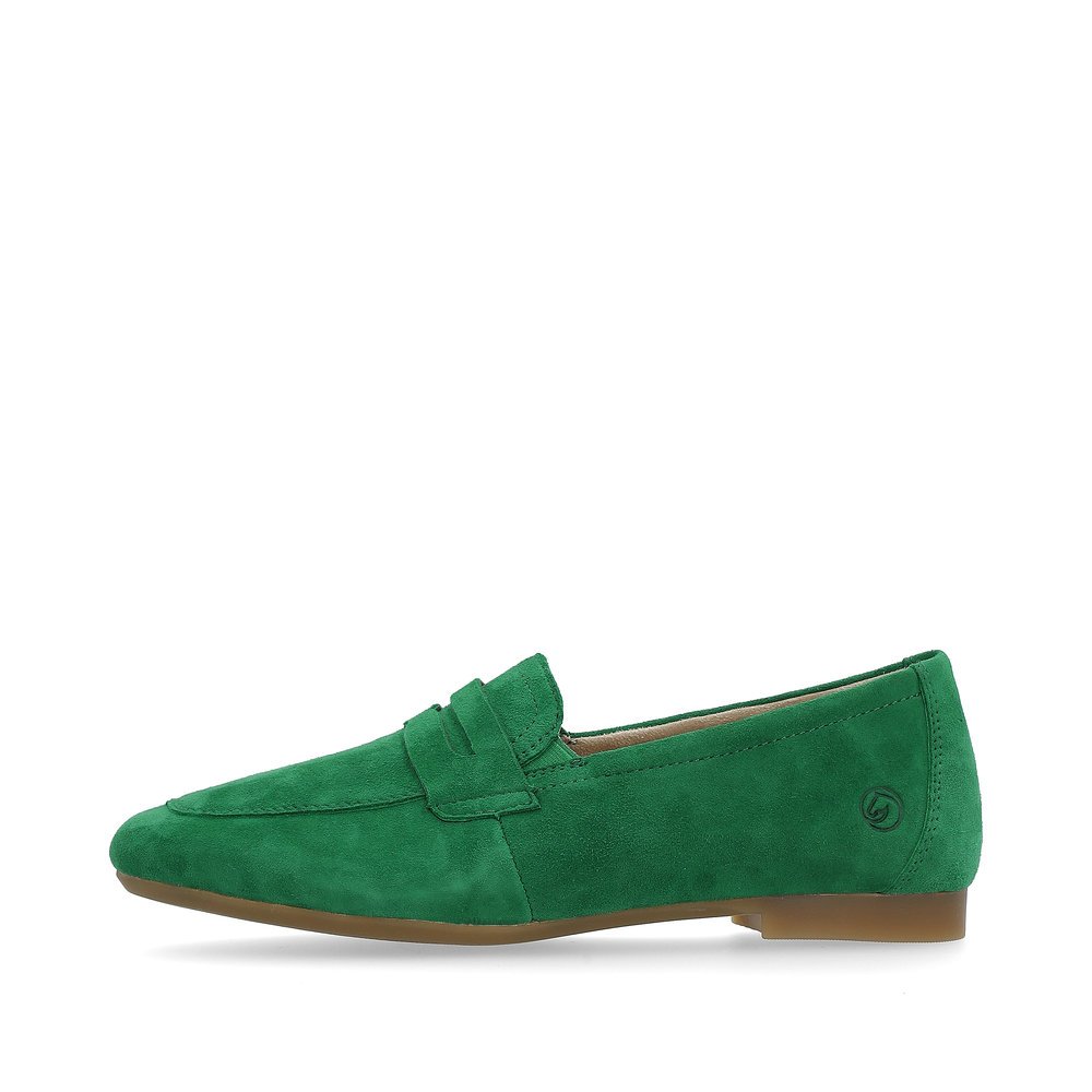 Emerald green remonte women´s loafers D0K02-52 with an elastic insert. Outside of the shoe.