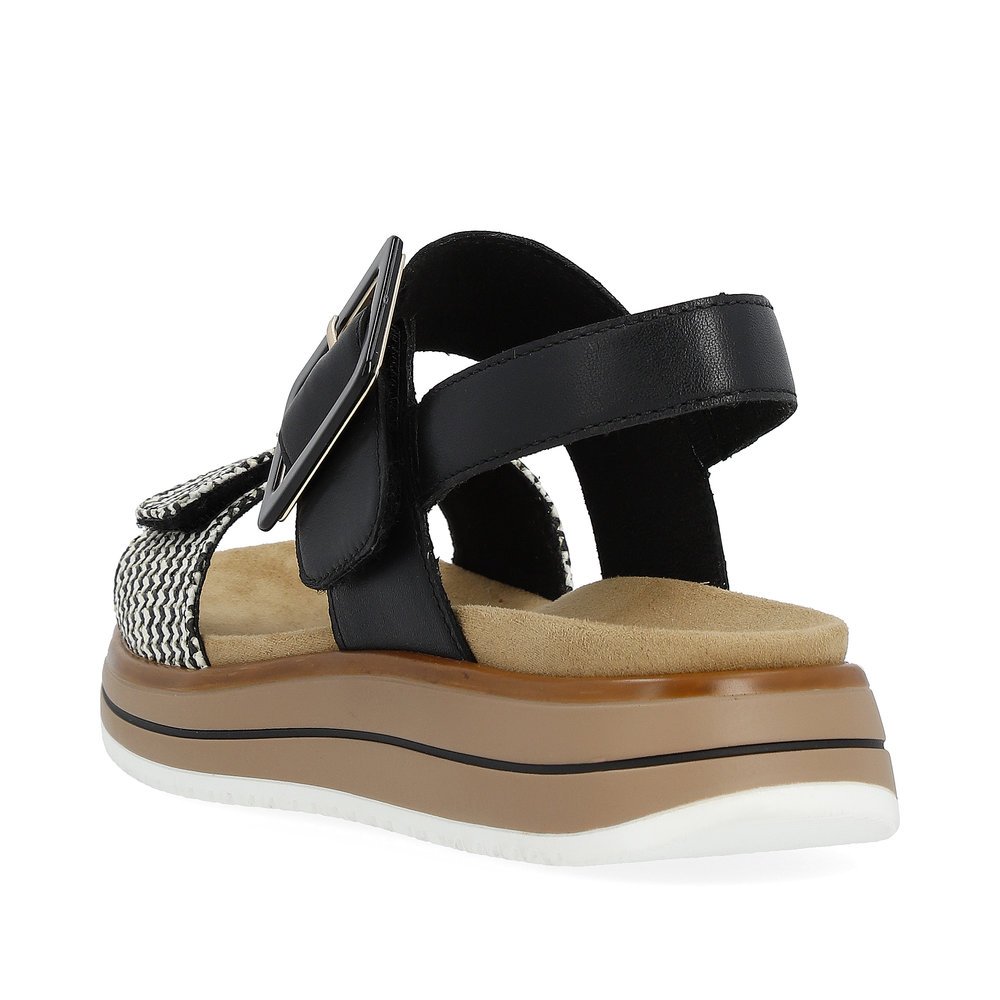 Jet black remonte women´s strap sandals D1J53-03 with hook and loop fastener. Shoe from the back.