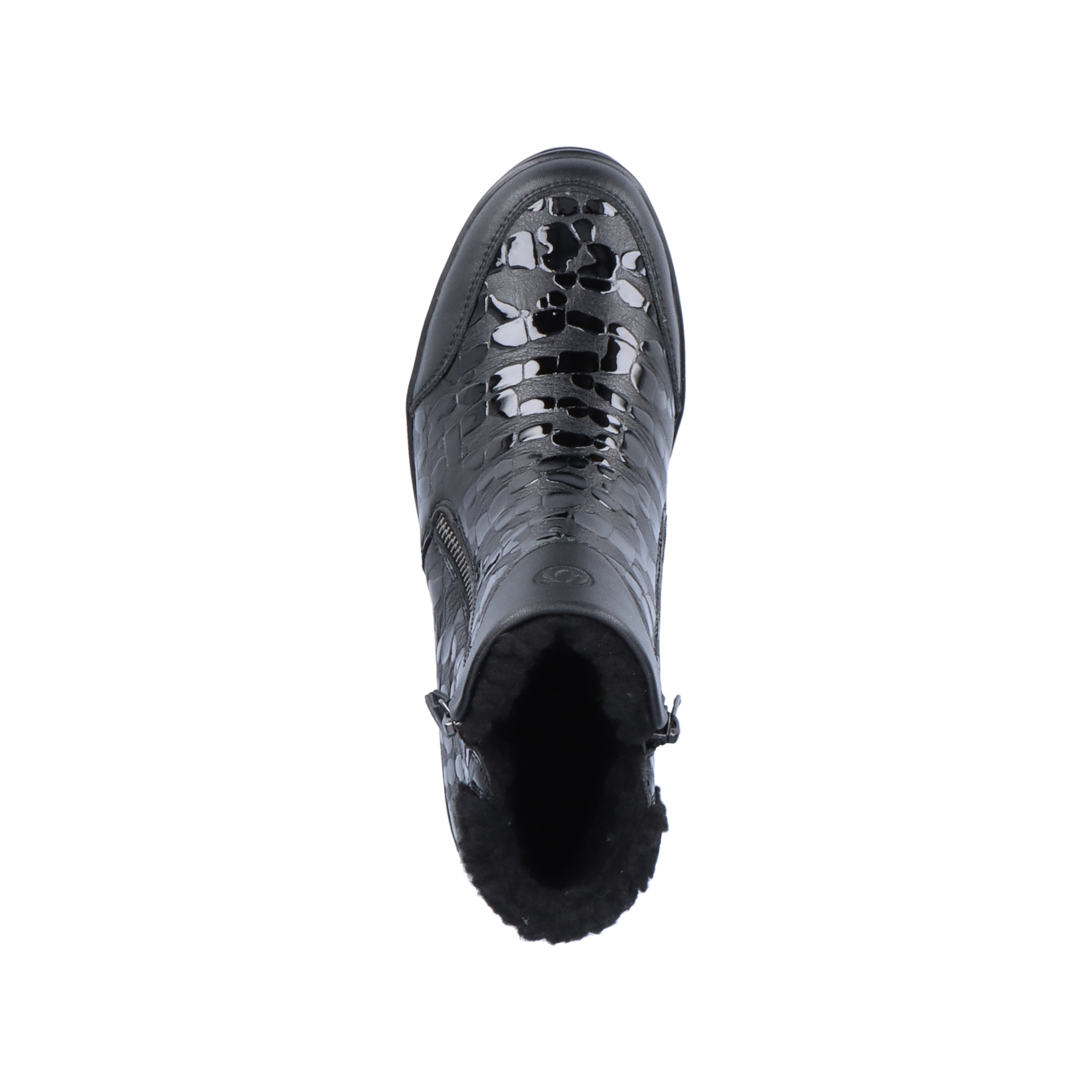 Glossy black remonte women´s ankle boots R0775-03 with flexible profile sole. Shoe from the top