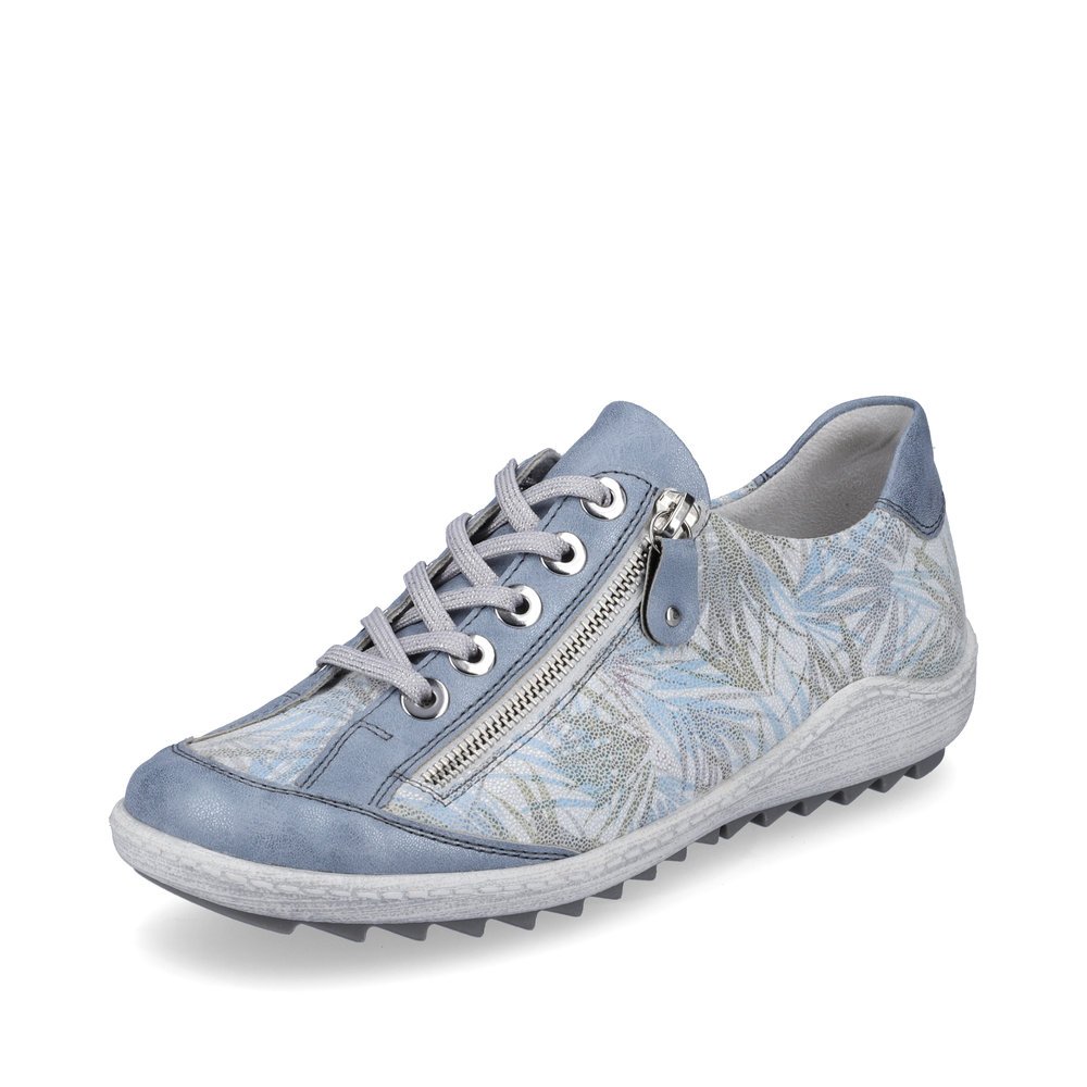 Blue remonte women´s lace-up shoes R1402-11 with zipper and tropical pattern. Shoe laterally.
